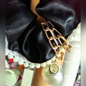 Black Satin Hair Tie w/ Pearl Embellishments